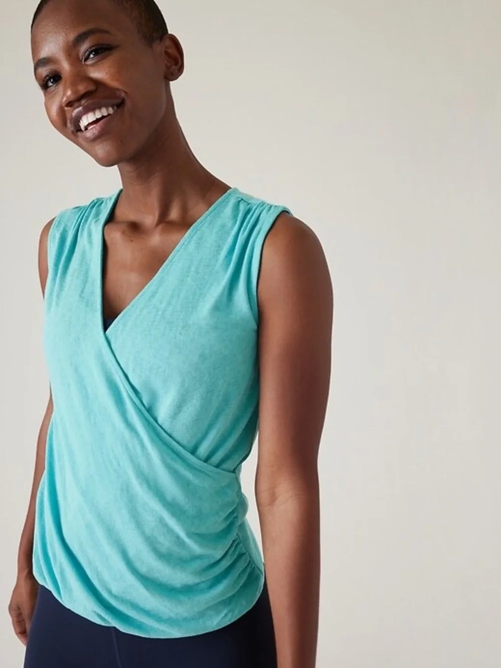 Athleta Womens Breezy Wrap Tank Top Size L Gulf Green Yoga Gym Running Ruching - Picture 8 of 10